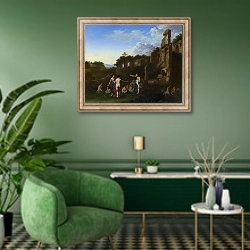 «Купающиеся женщины» в интерьере гостиной в зеленых тонах