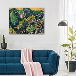 «Landschaft am Genfersee» в интерьере современной гостиной над синим диваном
