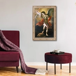 «Saint Michael banishes the devil to the abyss, 1665/68» в интерьере гостиной в бордовых тонах