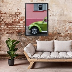 «Зеленый автомобиль под окном» в интерьере гостиной в стиле лофт над диваном