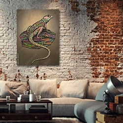 «Разноцветная ящерица» в интерьере гостиной в стиле лофт с кирпичной стеной