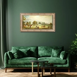 «Archery Meeting in Bradgate Park, Leicestershire, 1850» в интерьере зеленой гостиной над диваном