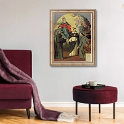 «The Vision of Fray Lauterio, c.1640» в интерьере гостиной в бордовых тонах