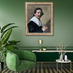 «Портрет Жана де ла Чамбре в 33» в интерьере гостиной в зеленых тонах