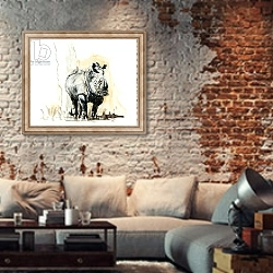 «Rhino against tree, 2013, mixed media» в интерьере гостиной в стиле лофт с кирпичной стеной