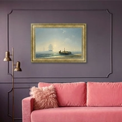 «Рыбаки на закате. Неаполь» в интерьере гостиной с розовым диваном