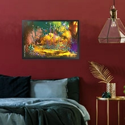 «Сказочный лес с красочными растениями и цветами» в интерьере спальни с акцентной стеной