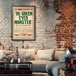 «The Green eyed monster» в интерьере гостиной в стиле лофт с кирпичной стеной