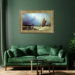 «Вход рыбачьего судна в бурю в гавань Сен-Валери» в интерьере зеленой гостиной над диваном