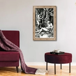 «Satyr Family, 1505» в интерьере гостиной в бордовых тонах
