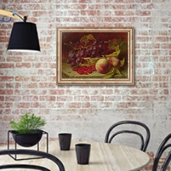 «A still life of red currants, peaches and grapes in a basket» в интерьере современной кухни с кирпичной стеной