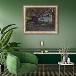 «Белый дом среди деревьев» в интерьере гостиной в зеленых тонах