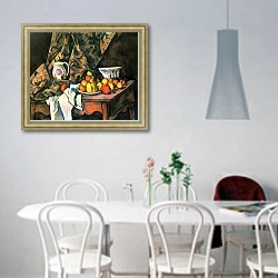«Натюрморт с яблоками и персиками» в интерьере светлой кухни над обеденным столом