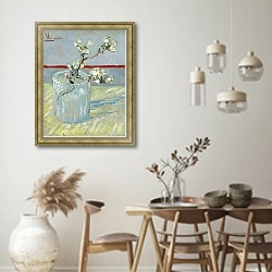 «Ветвь цветущего миндаля в вазе» в интерьере кухни в стиле ретро над обеденным столом