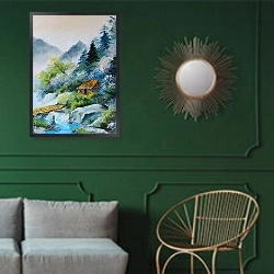 «Дом в горах  2» в интерьере классической гостиной с зеленой стеной над диваном
