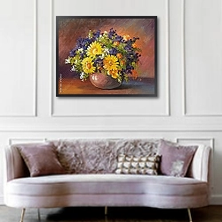 «Букет цветов на столе» в интерьере гостиной в классическом стиле над диваном
