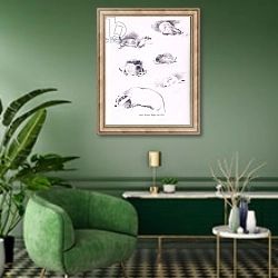 «Stoat, Weasel, Badger and Mole, 1938» в интерьере гостиной в зеленых тонах