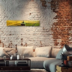 «Натюрморт с вином и виноградом на фоне Тосканских полей» в интерьере гостиной в стиле лофт с кирпичными стенами