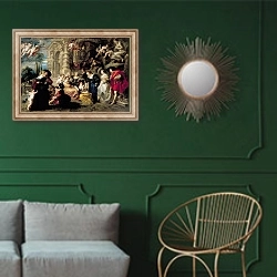 «The Garden of Love, c.1630-32 2» в интерьере классической гостиной с зеленой стеной над диваном