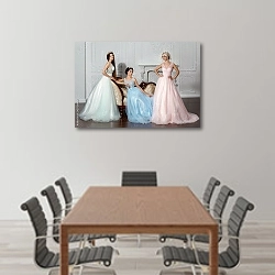 «Три невесты в разноцветных платьях» в интерьере конференц-зала над столом для переговоров