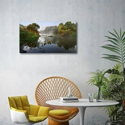 «Московская область, Россия. Туман над рекой» в интерьере современной гостиной с желтым креслом
