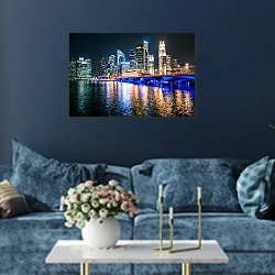 «Панорама ночного Сингапура» в интерьере современной гостиной в синем цвете