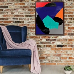 «different pieces,2017,» в интерьере в стиле лофт с кирпичной стеной и синим креслом