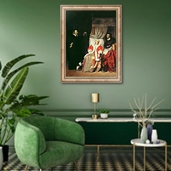 «The Patient and the Doctor, 1660s» в интерьере гостиной в зеленых тонах