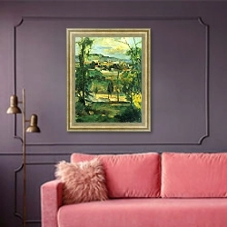 «Деревня за деревьями в Иль-де-Франс» в интерьере гостиной с розовым диваном