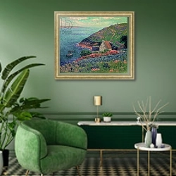 «The Bay of Biscay, Brittany» в интерьере гостиной в зеленых тонах
