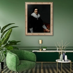 «Portrait of Lucas van Voorst, 1628» в интерьере гостиной в зеленых тонах