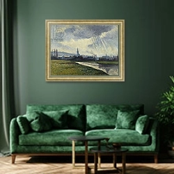 «Couillet, Charleroi, Landscape Along the River; Couillet, Charleroi, Paysage au Bord de la Riviere, 1896» в интерьере зеленой гостиной над диваном