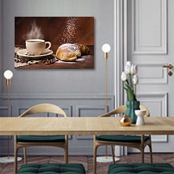 «Чашка дымящегося кофе с круассанами и сахарной пудрой» в интерьере классической кухни у двери