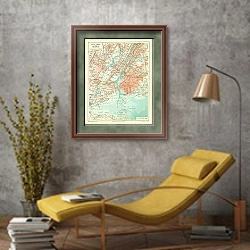 «Карта Нью Йорка и окрестностей» в интерьере в стиле лофт с желтым креслом