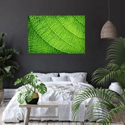 «Зеленый лист крупным планом 1» в интерьере современной спальни с черными стенами