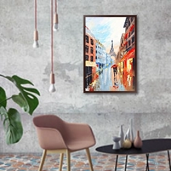 «Пара под зонтом на улицах Парижа » в интерьере в стиле лофт с бетонной стеной