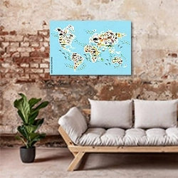 «Детская карта мира с животными №7» в интерьере гостиной в стиле лофт над диваном