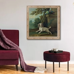 «Zaza, the dog, c.1730» в интерьере гостиной в бордовых тонах