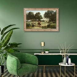 «Homer and the Shepherds in a Landscape, 1845» в интерьере гостиной в зеленых тонах