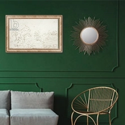 «Landscape: a stream running between trees» в интерьере классической гостиной с зеленой стеной над диваном