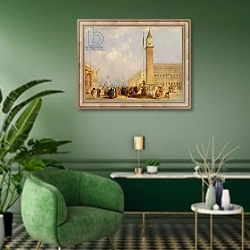 «The Piazzetta, Venice» в интерьере гостиной в зеленых тонах