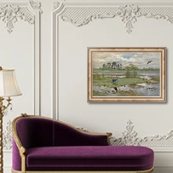 «Пейзаж с журавлями у воды» в интерьере в классическом стиле над банкеткой