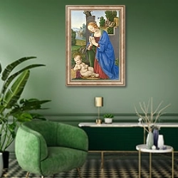 «Дева Мария, поклоняющаяся младенцу» в интерьере гостиной в зеленых тонах