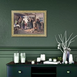 «The Benefactress, 1914» в интерьере прихожей в зеленых тонах над комодом