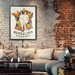 «'Drink wine, live joyfully', poster promoting wine, 1933» в интерьере гостиной в стиле лофт с кирпичной стеной
