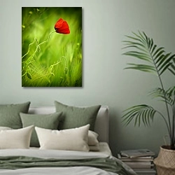 «Лето. Трава. Красный мак» в интерьере современной спальни в зеленых тонах