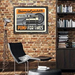 «Шиномонтаж автосервиса, ретро-постер» в интерьере кабинета в стиле лофт с кирпичными стенами