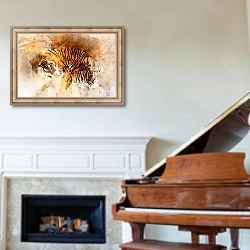 «Акварельный рисунок тигров» в интерьере классической гостиной над камином
