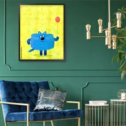 «Квадратный кот с воздушным шариком» в интерьере зеленой гостиной над диваном
