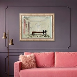«Billiard players at Petworth House, 1830» в интерьере гостиной с розовым диваном